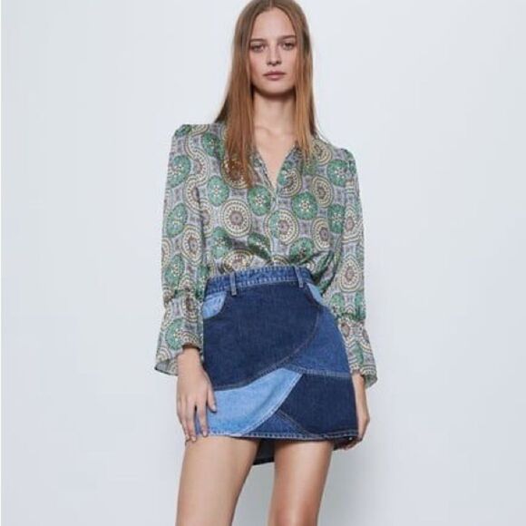 ZARA BOHO FLOWY PRINTED BALLOON SLEEVE BLOUSE - Picture 1 of 7